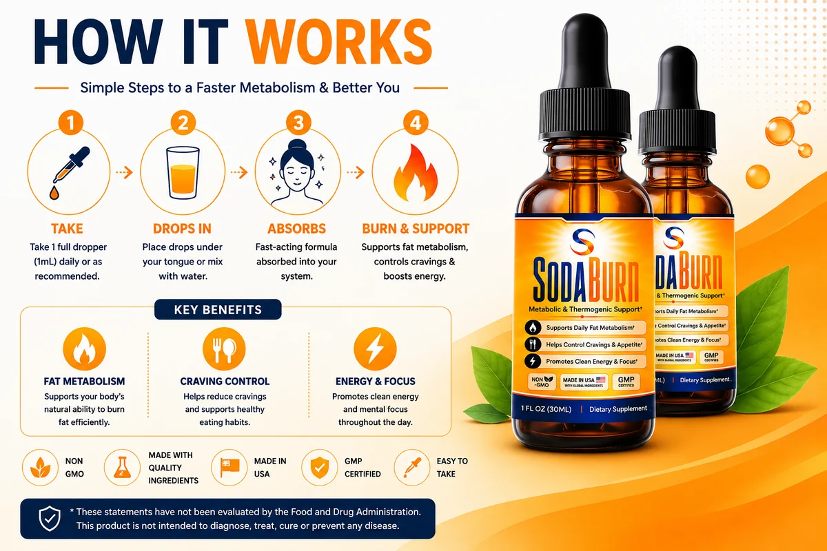 How SodaBurn works: take, drops in, absorbs, burn and support
